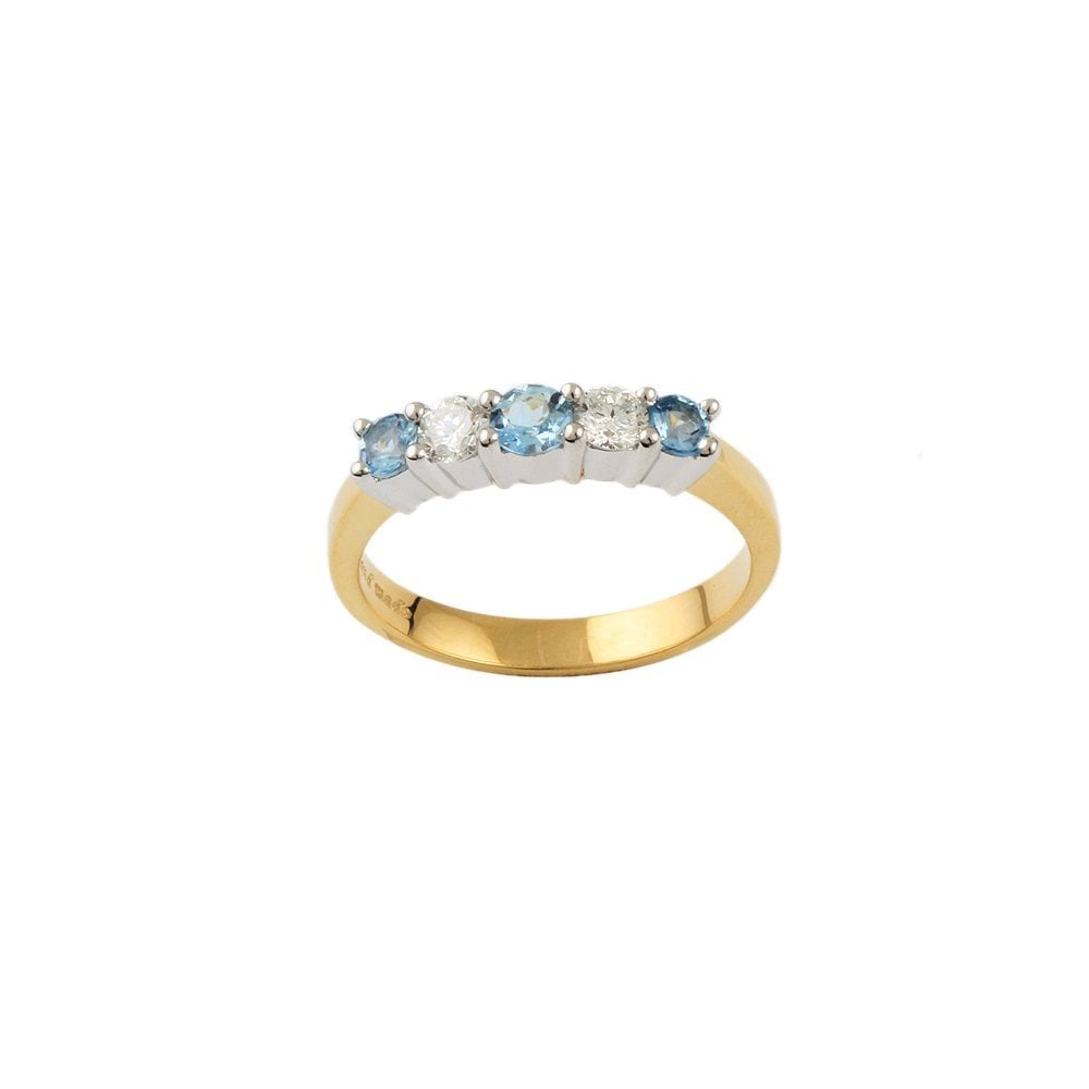 Yellow and White Gold 0.25ct Round Brilliant Diamond and 0.33ct Round Aquamarine Five Stone Ring