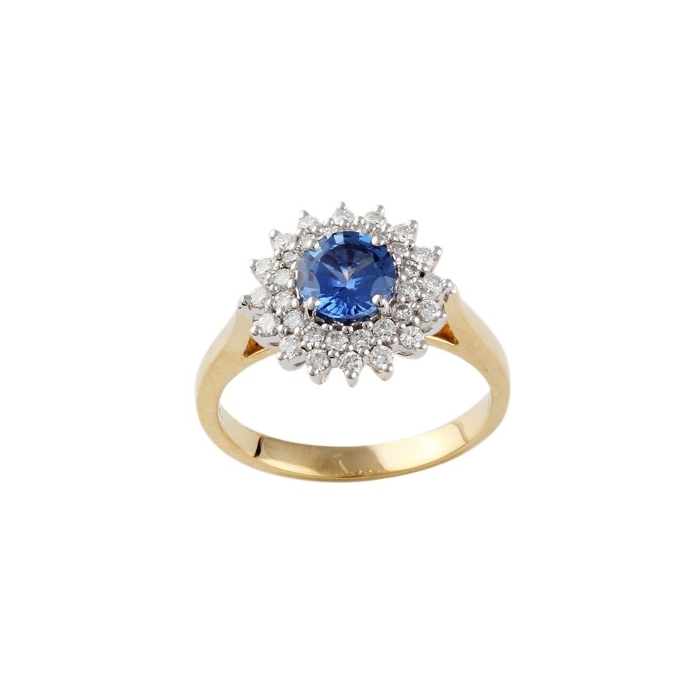 9ct yellow gold sapphire and diamond cluster ring.
