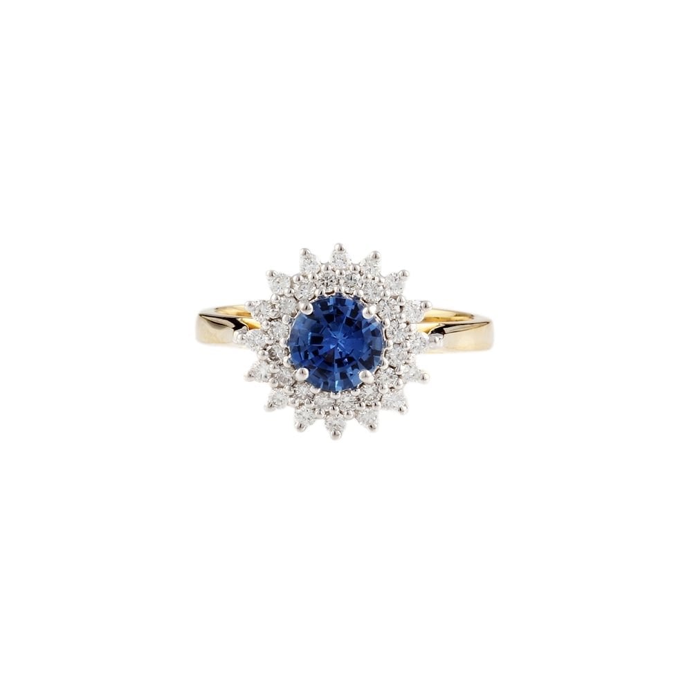 9ct yellow gold sapphire and diamond cluster ring.