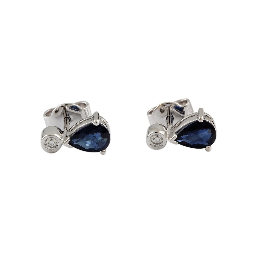9ct White Gold  1.37ct Blue Sapphire and 0.08ct Diamond Stud Earrings