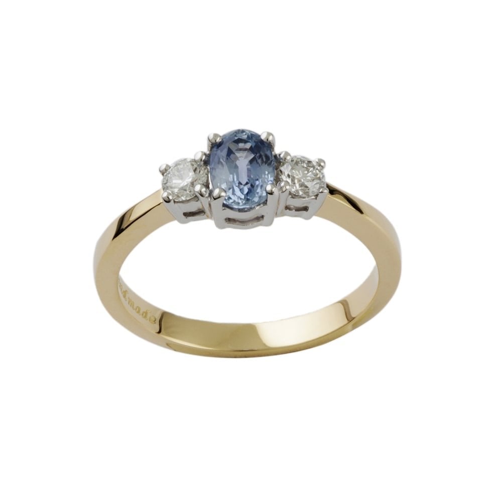 9ct Yellow and White Gold Blue Sapphire and Diamond Three Stone Ring