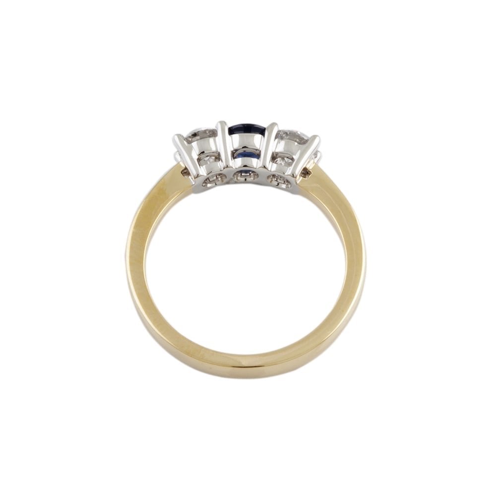 9ct Yellow and White Gold Blue Sapphire and Diamond Three Stone Ring
