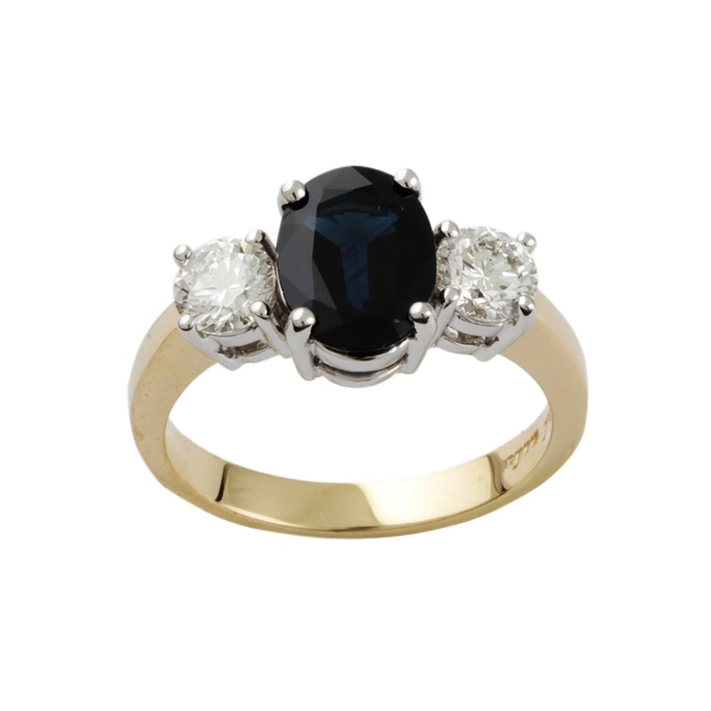 9ct Yellow and White Gold Blue Sapphire and Diamond Three Stone Ring