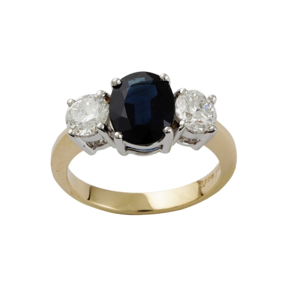 9ct Yellow and White Gold Blue Sapphire and Diamond Three Stone Ring