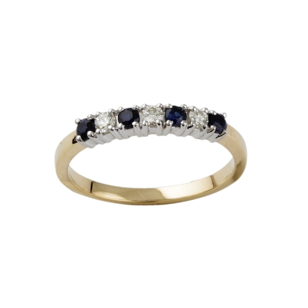 9ct Yellow and White Gold Blue Sapphire and Diamond Seven Stone Ring