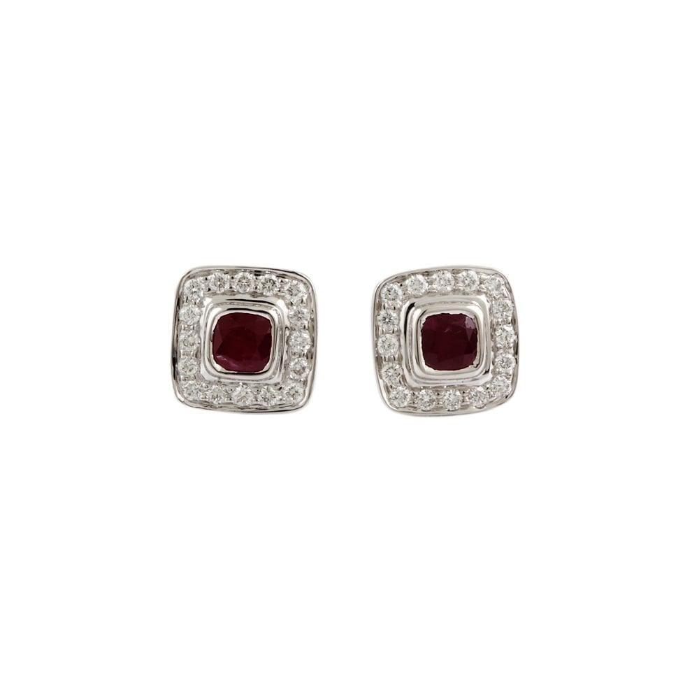 9ct White Gold Ruby 0.71ct and Diamond 0.32ct Cluster Earrings