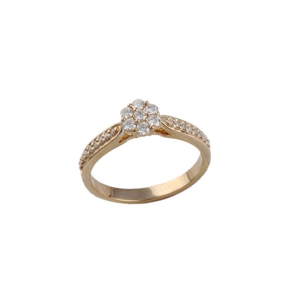 9ct Yellow gold Cluster ring with diamond set shoulders 0.24ct