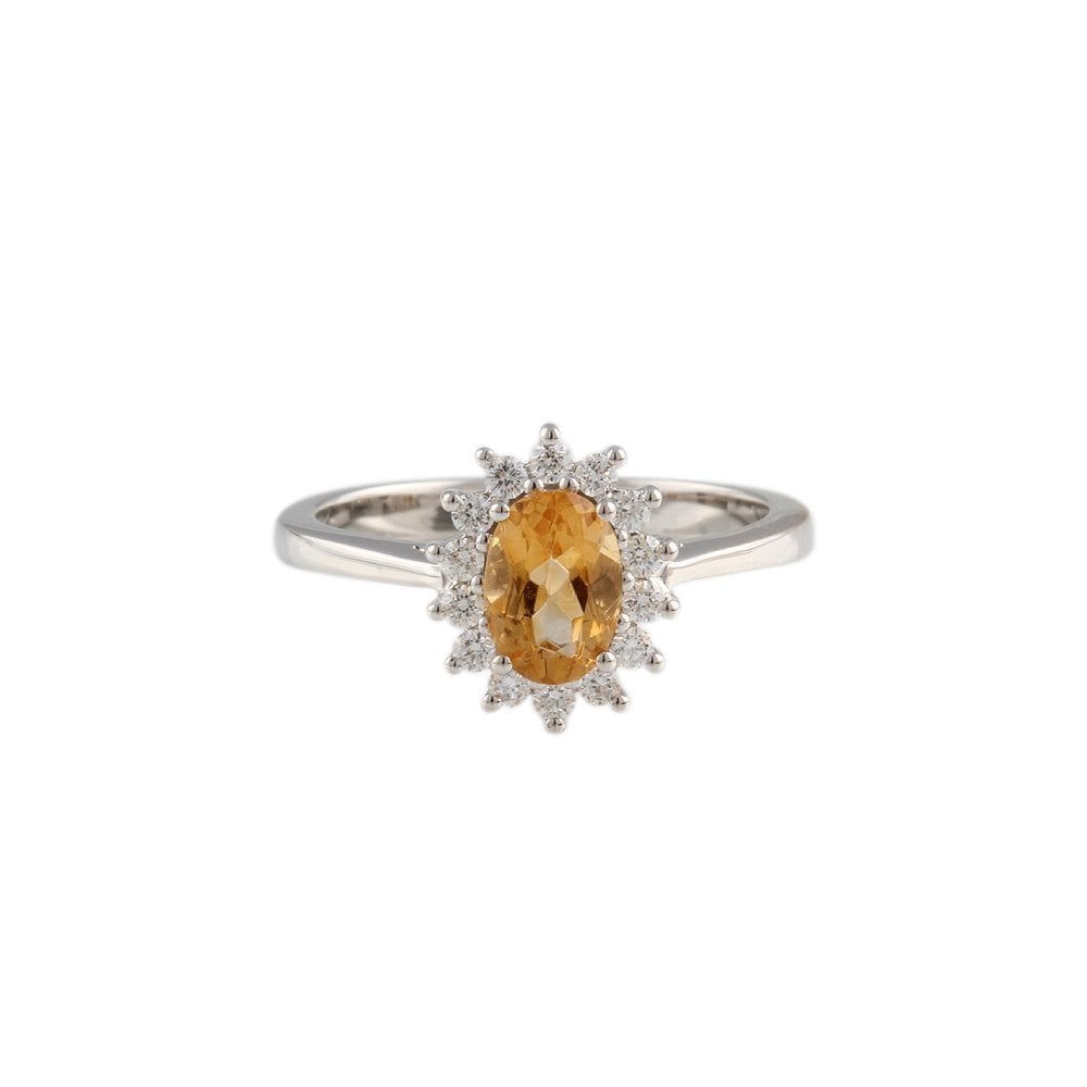 9ct White Gold Diamond  0.22ct and 0.79ct Citrine Cluster Ring