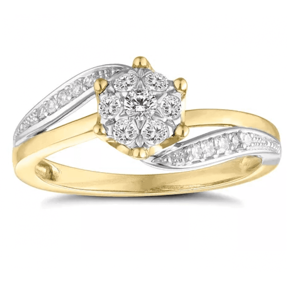 9ct yellow and white gold cluster  twist ring with diamond set shoulders