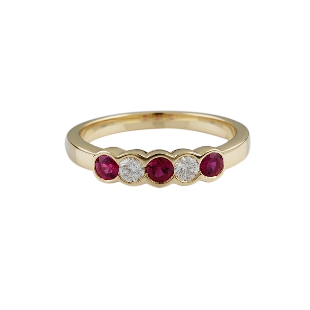 9ct yellow gold ruby and diamond half eternity ring
