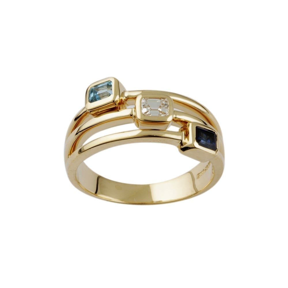 9ct Yellow Gold, Blue Topaz,0.30ct Sapphire 0.30ct and Diamond Ring 0.22ct