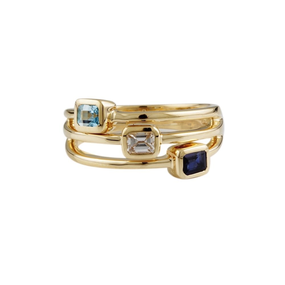 9ct Yellow Gold, Blue Topaz,0.30ct Sapphire 0.30ct and Diamond Ring 0.22ct