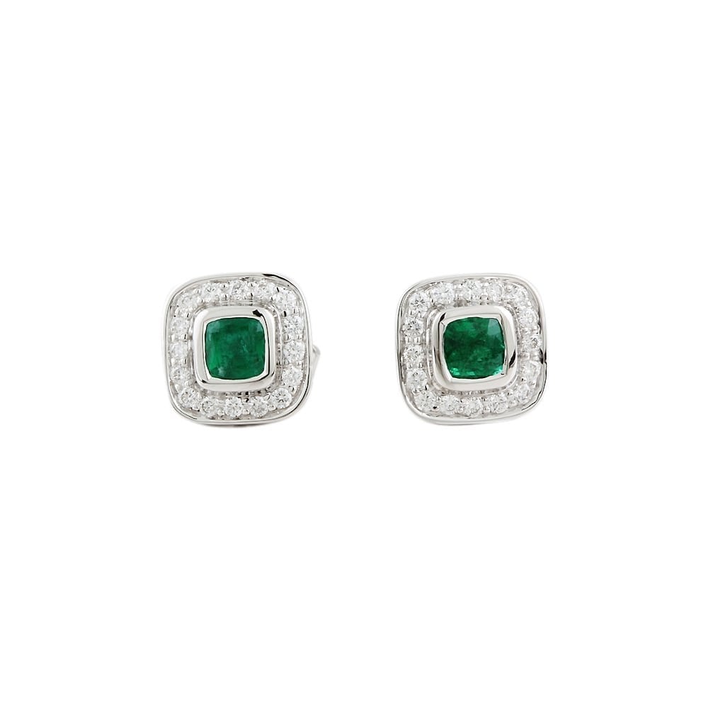 9ct white gold emerald and diamond cluster earrings.