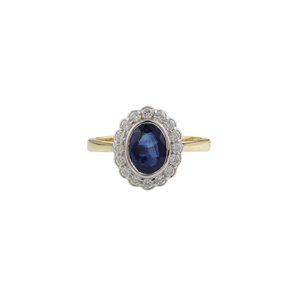 yellow and white gold Sapphire and diamond cluster ring