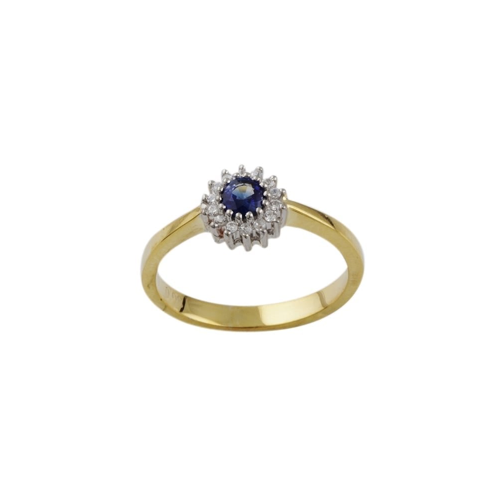 yellow and white gold sapphire and diamond cluster ring