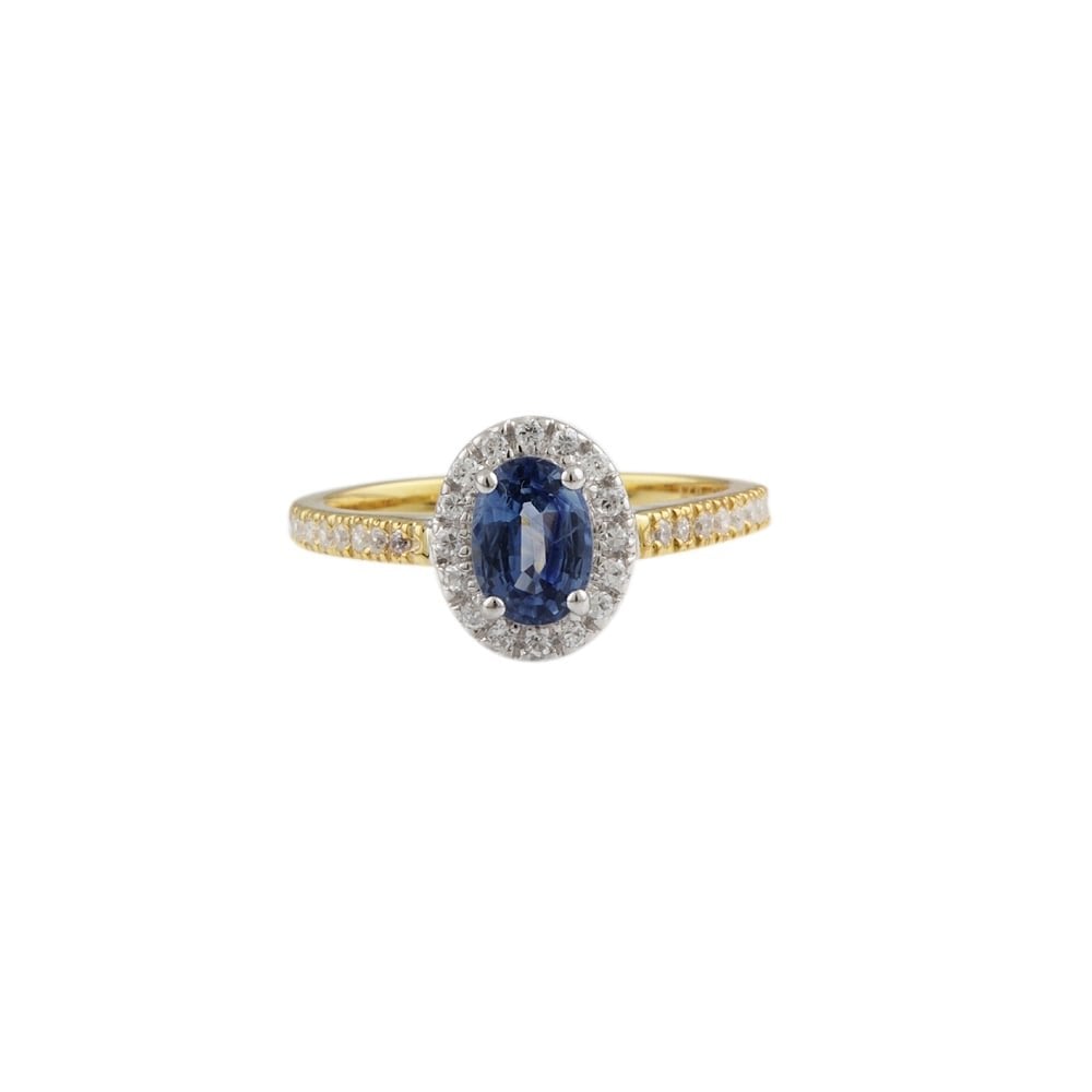 yellow and white gold sapphire and diamond cluster ring