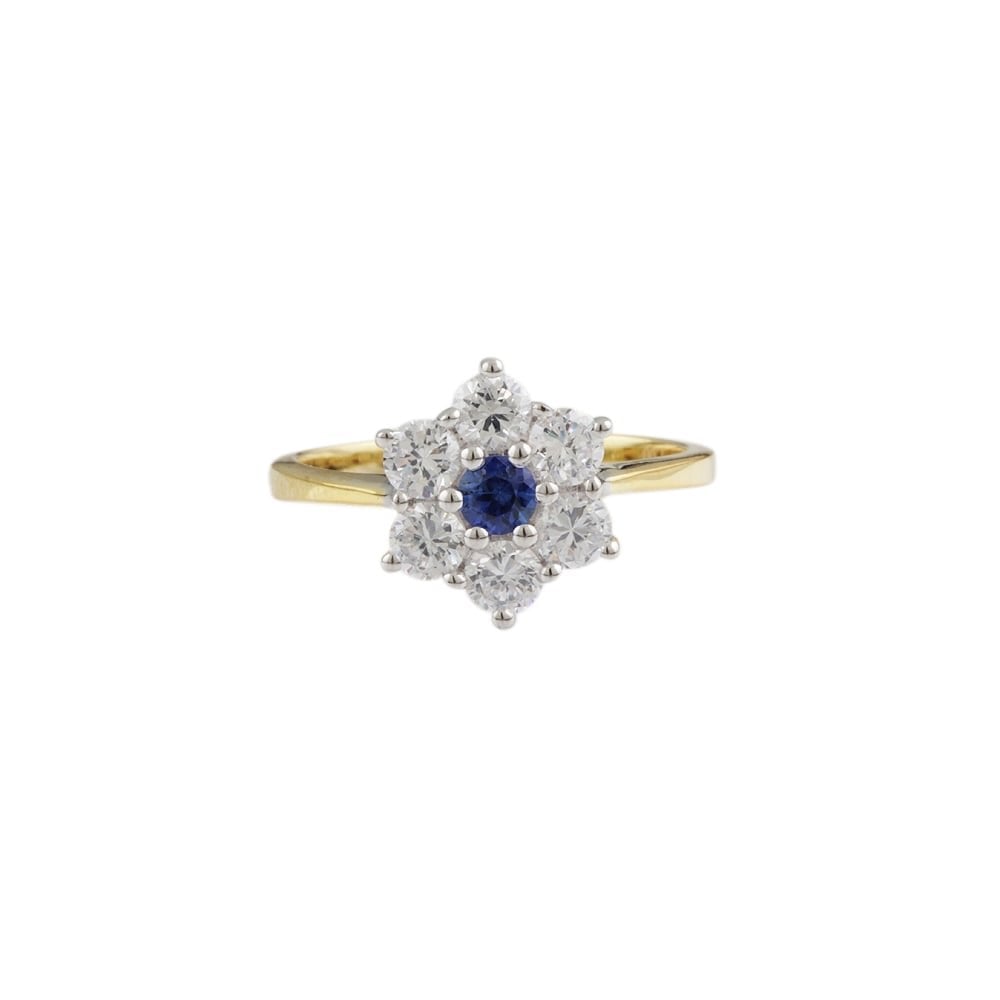 yellow and white gold sapphire and diamond cluster ring