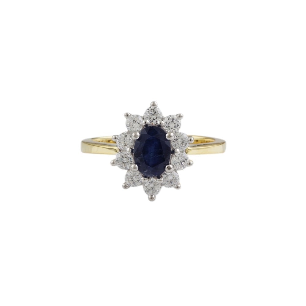 yellow and white gold sapphire and diamond cluster ring
