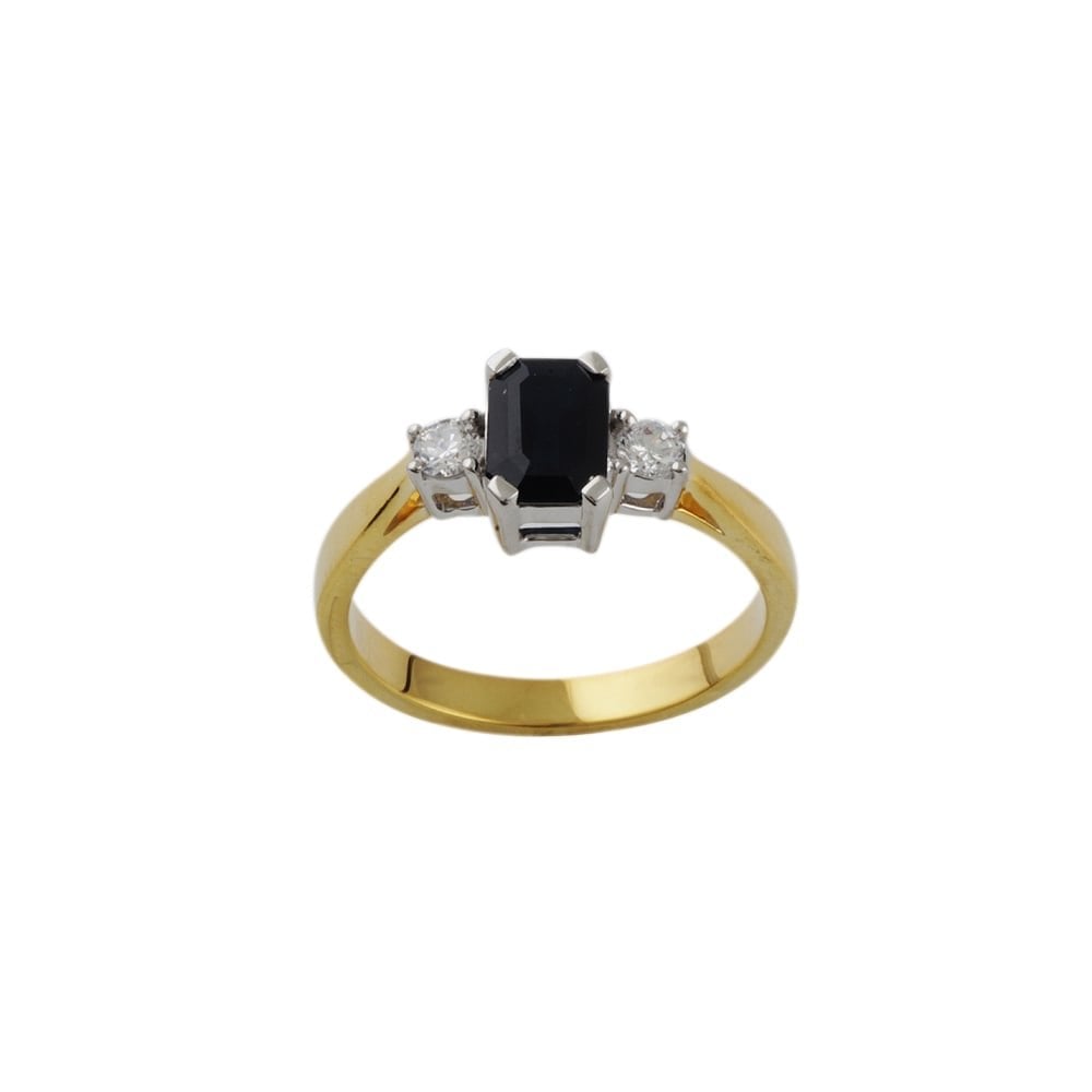 yellow and white gold sapphire and diamond three stone ring