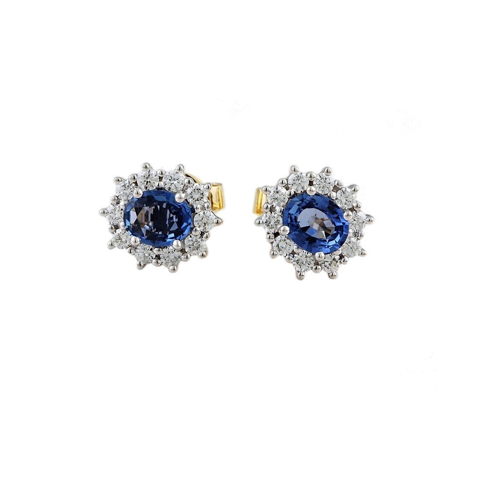 9ct Yellow White Gold 0.42ct Round Brilliant Cut Diamond and 1.05ct Oval Sapphire Cluster Earrings
