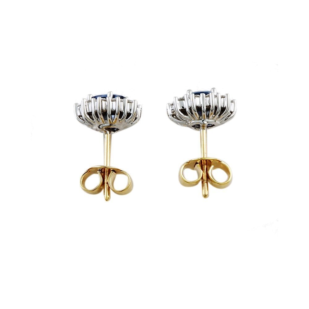 9ct Yellow White Gold 0.42ct Round Brilliant Cut Diamond and 1.05ct Oval Sapphire Cluster Earrings