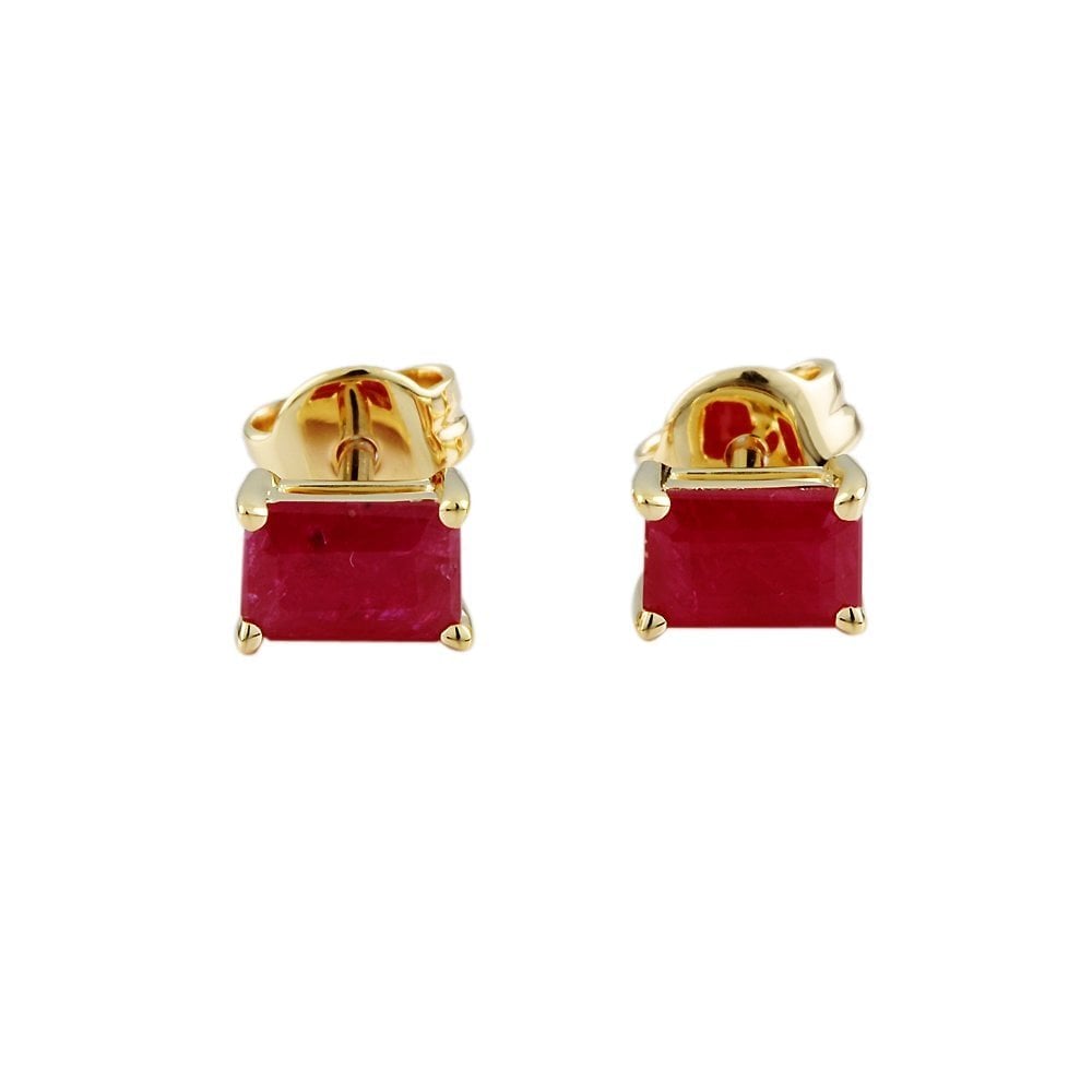 9ct Yellow Gold 0.80ct Emerald Shaped Ruby Single Stone Stud Earrings