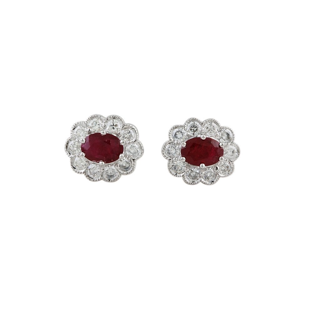 9ct White Gold 1.05ct Round Brilliant Cut Diamond and 1.61ct Oval Ruby Cluster Stud Earrings