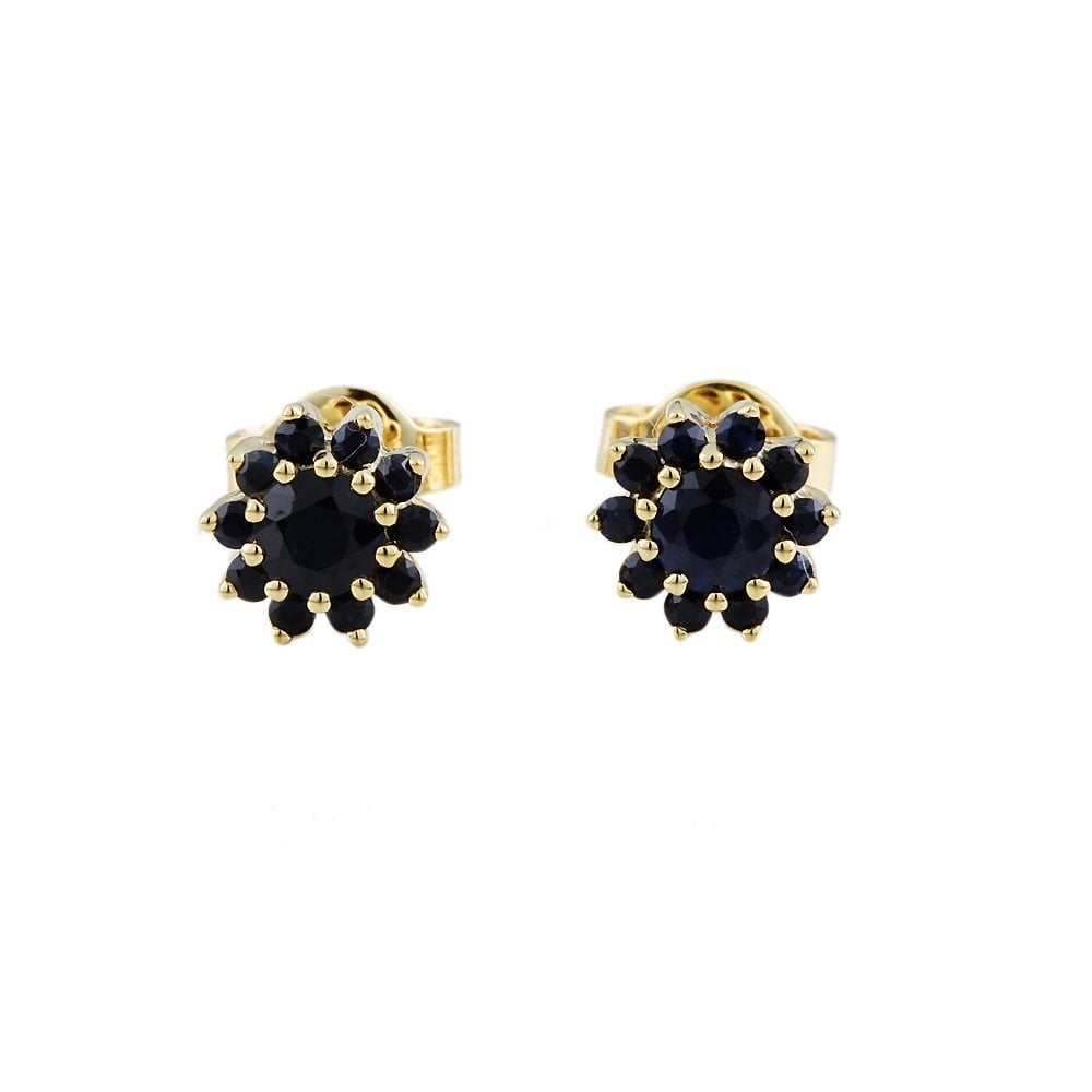 9ct Yellow Gold 1.00ct Round Blue Sapphire Cluster Stud Earrings