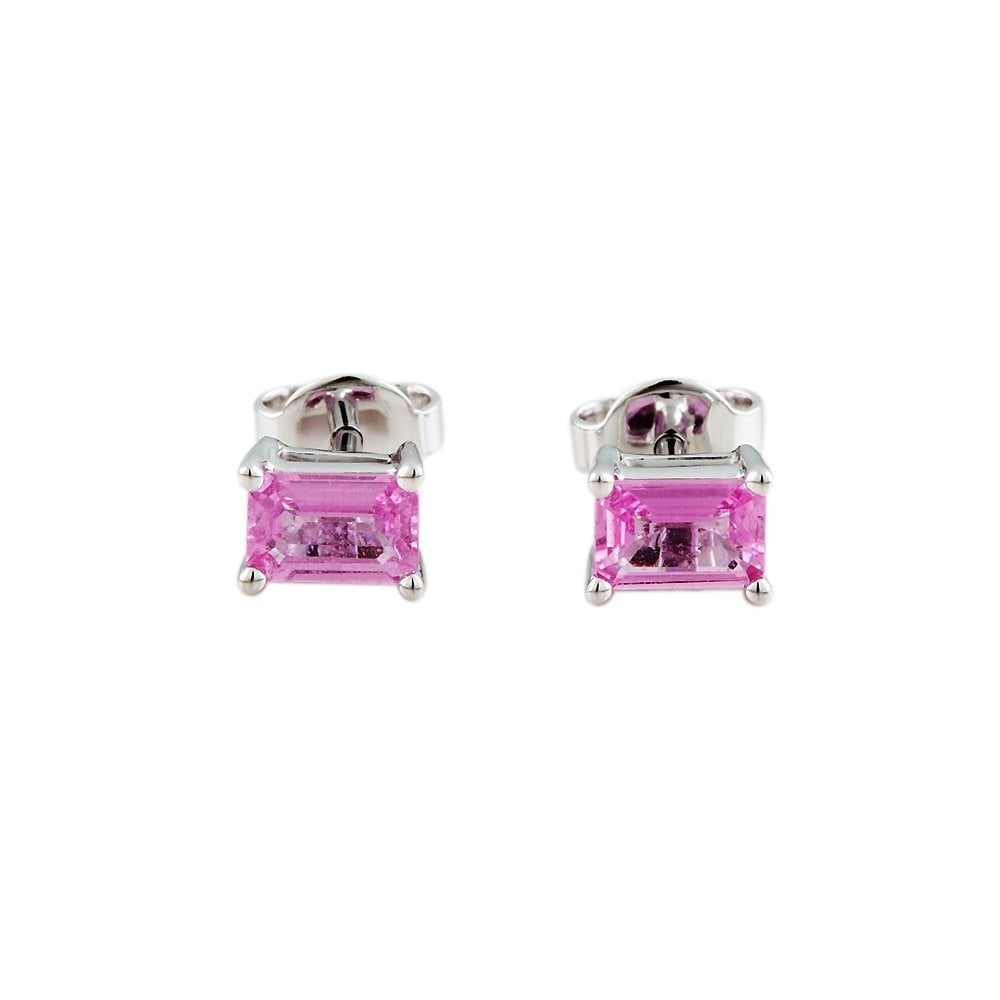 9ct White Gold 1.30ct Emerald Shaped Pink Sapphire Single Stone Stud Earrings