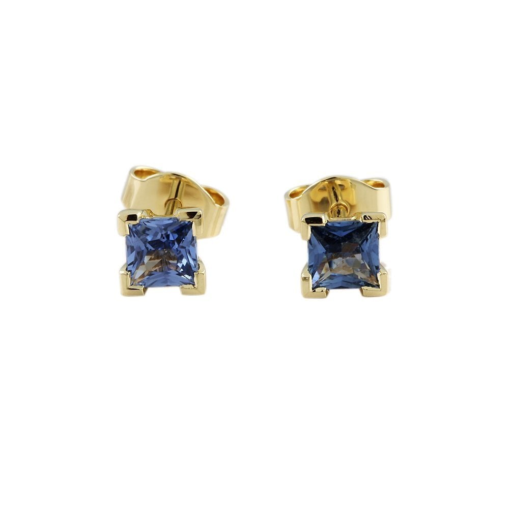 9ct Yellow Gold 1.15ct Square Blue Sapphire Single Stone Stud Earrings