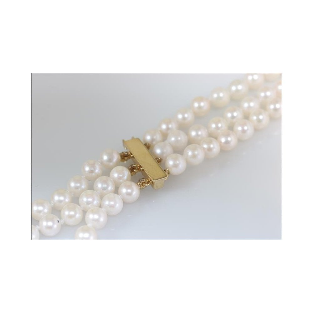 Knotted three strand Akoya pearl necklace with 9ct yellow gold clasp 16 inch to 18 inch strands
