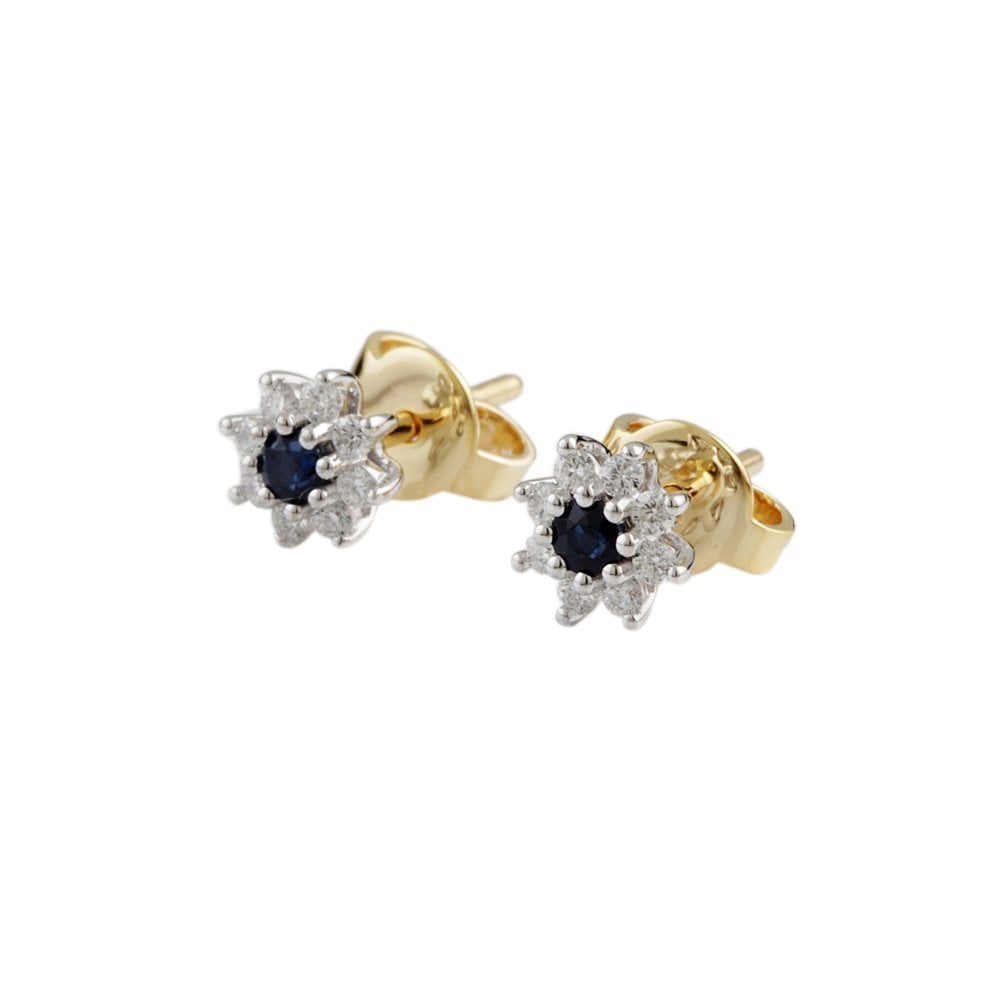 Yellow White Gold 0.18ct Round Brilliant Cut Diamond and 0.19ct Round Blue Sapphire Cluster Earrings
