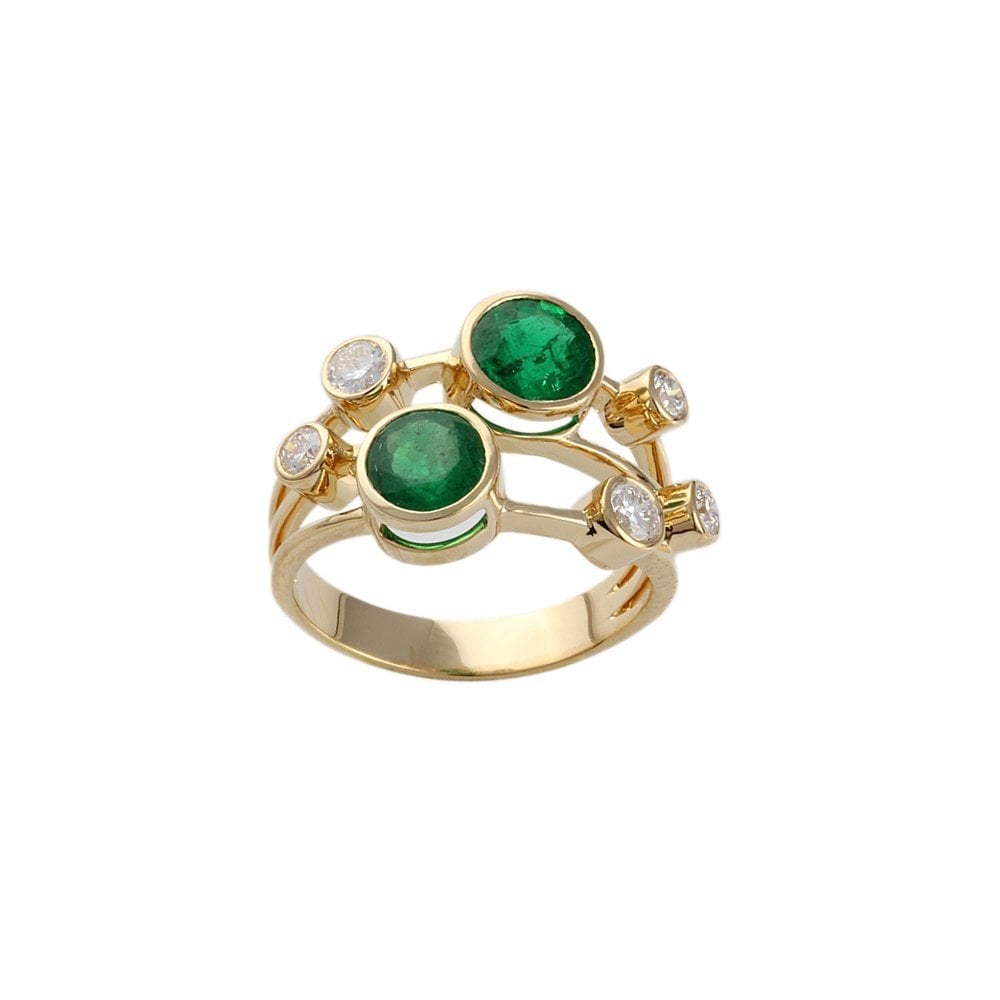 Yellow Gold 0.70ct Round Diamond and 2.62ct Round Emerald set Bubble Ring