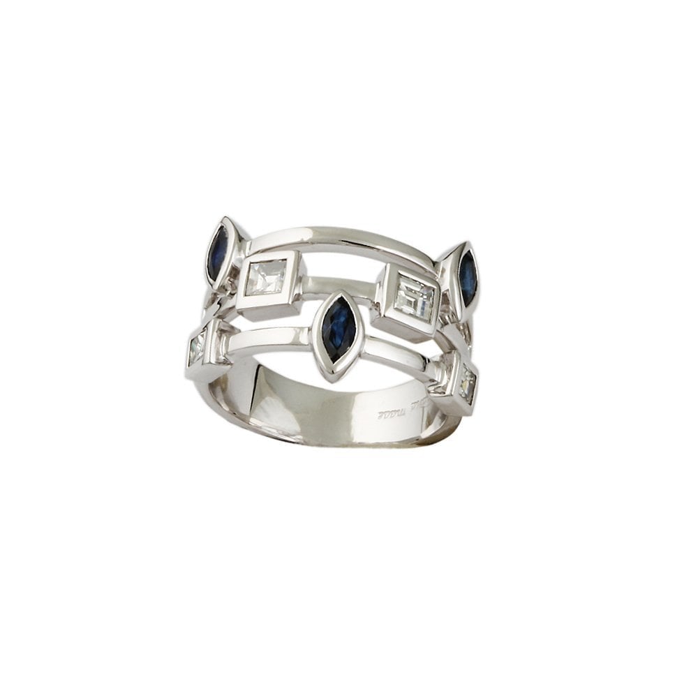 White Gold Seven Stone 0.69ct Princess Cut Diamond and 0.64ct Marquise Shaped Blue Sapphire Set Bubble Ring