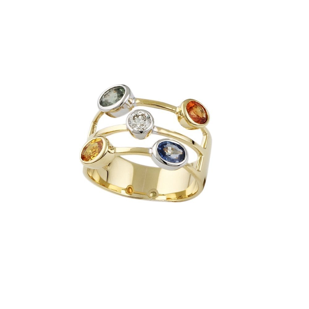 Yellow and  White Gold Five Stone 0.19ct Round Brilliant Cut Diamond and 1.35ct Oval Multi Sapphire Bubble Ring