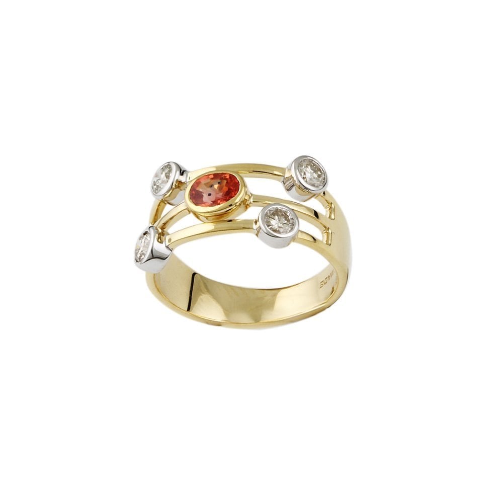 Yellow and White Gold Five Stone 0.51ct Round Brilliant Cut Diamond and 0.52ct Oval Orange Sapphire Bubble Ring
