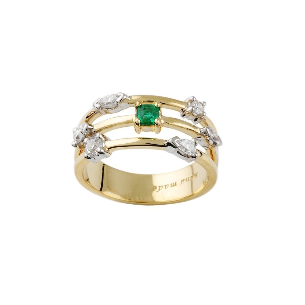 Yellow and White Gold Seven Stone 0.43ct Multi Shaped Diamond and 0.16ct Square Emerald Bubble Ring