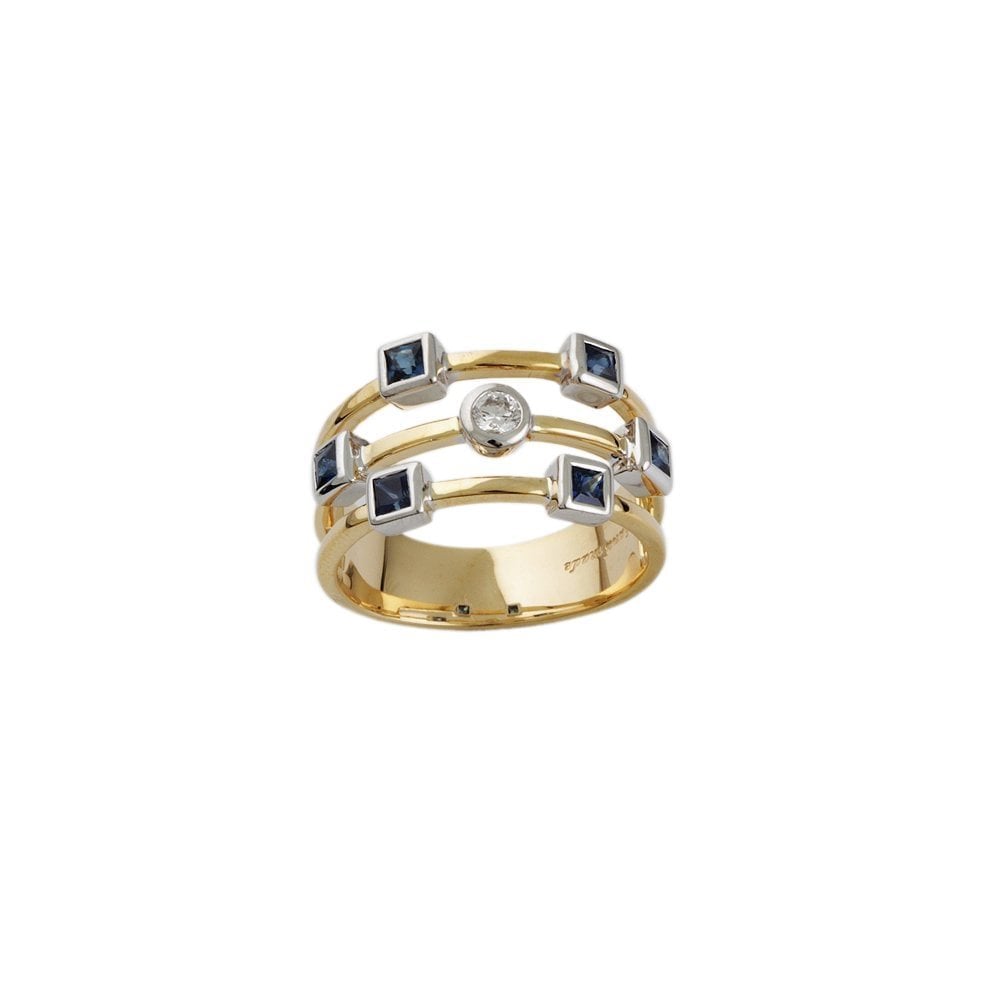 Yellow and White Gold Seven Stone 0.11ct Round Brilliant Cut Diamond and 0.65ct Square Blue Sapphire Bubble Ring