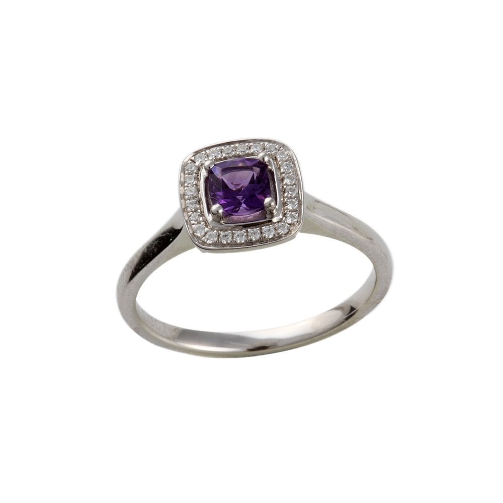 White Gold 0.08ct Micro Set Round Brilliant Diamond and 0.31ct Cushion Amethyst Cluster Wed Fit Style Ring