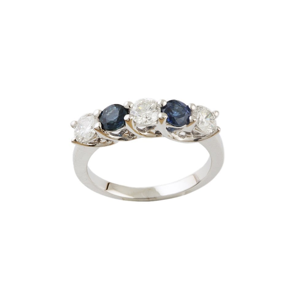 White Gold 0.78ct Round Brilliant Diamond and 0.76ct Round Blue Sapphire Five Stone Ring