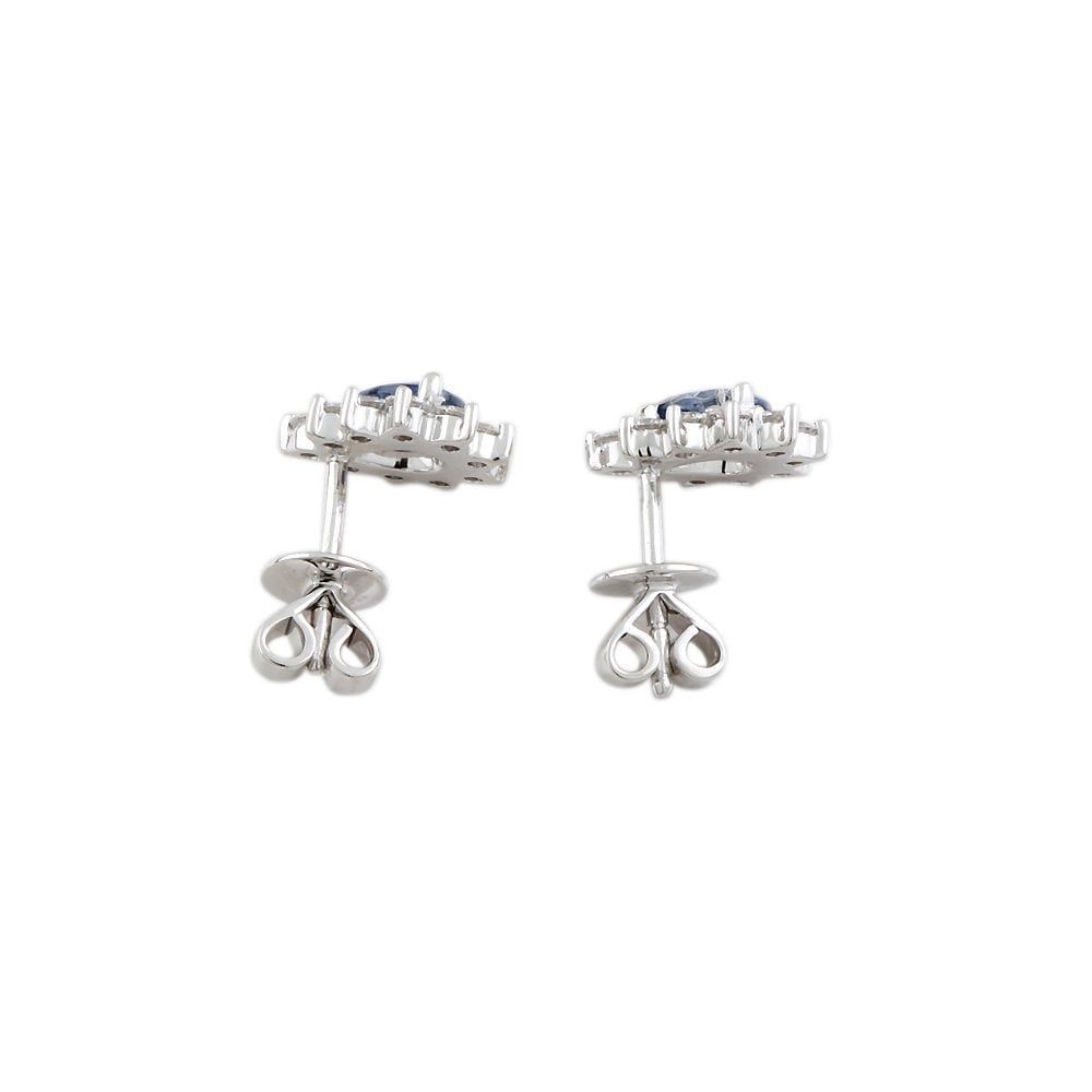 9ct White Gold 0.65ct Round Brilliant Cut Diamond and 1.11ct Oval Blue Sapphire Cluster Stud Earrings