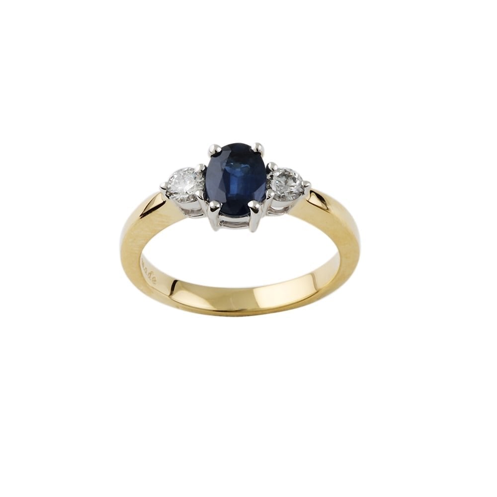 9ct Yellow and White Gold Blue Sapphire and Diamond Three Stone Ring