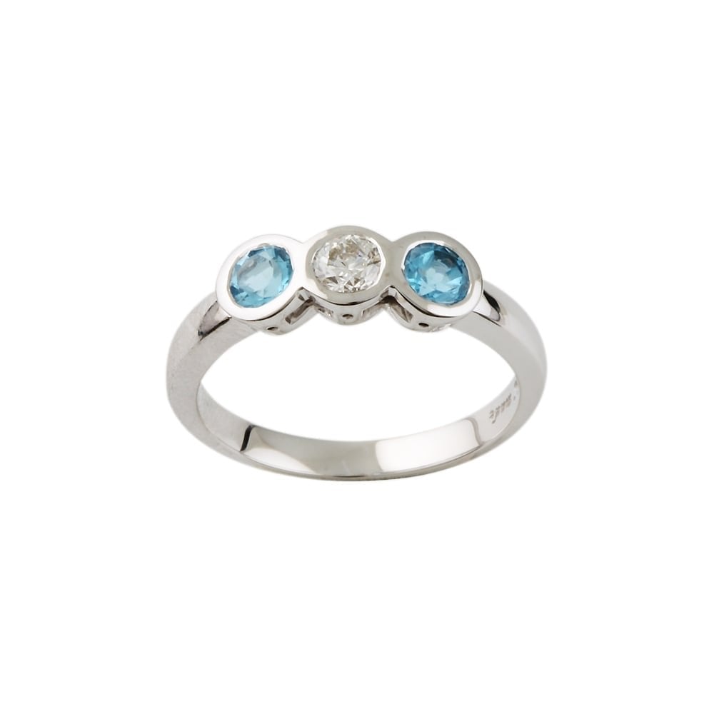 9ct White Gold Blue Topaz and Diamond Three Stone Ring