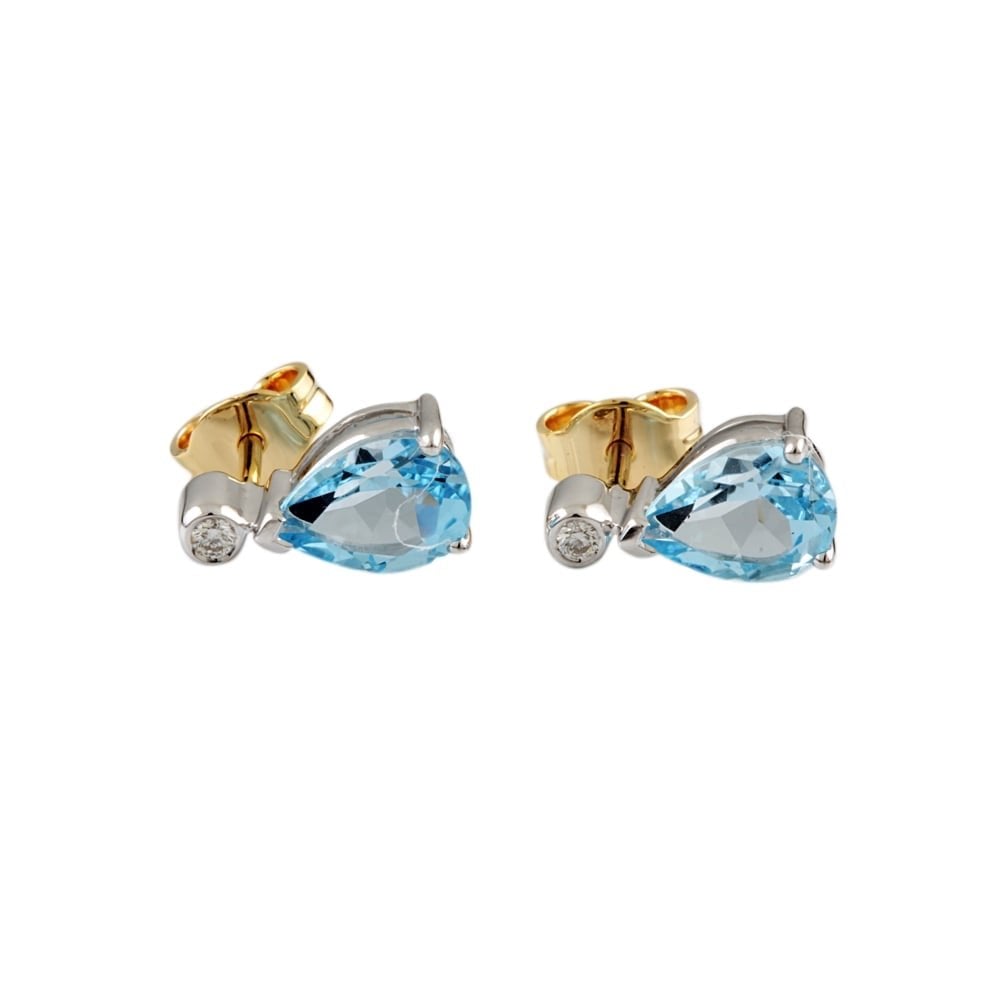 9ct Yellow and White Gold Blue Topaz and Diamond Stud Earring