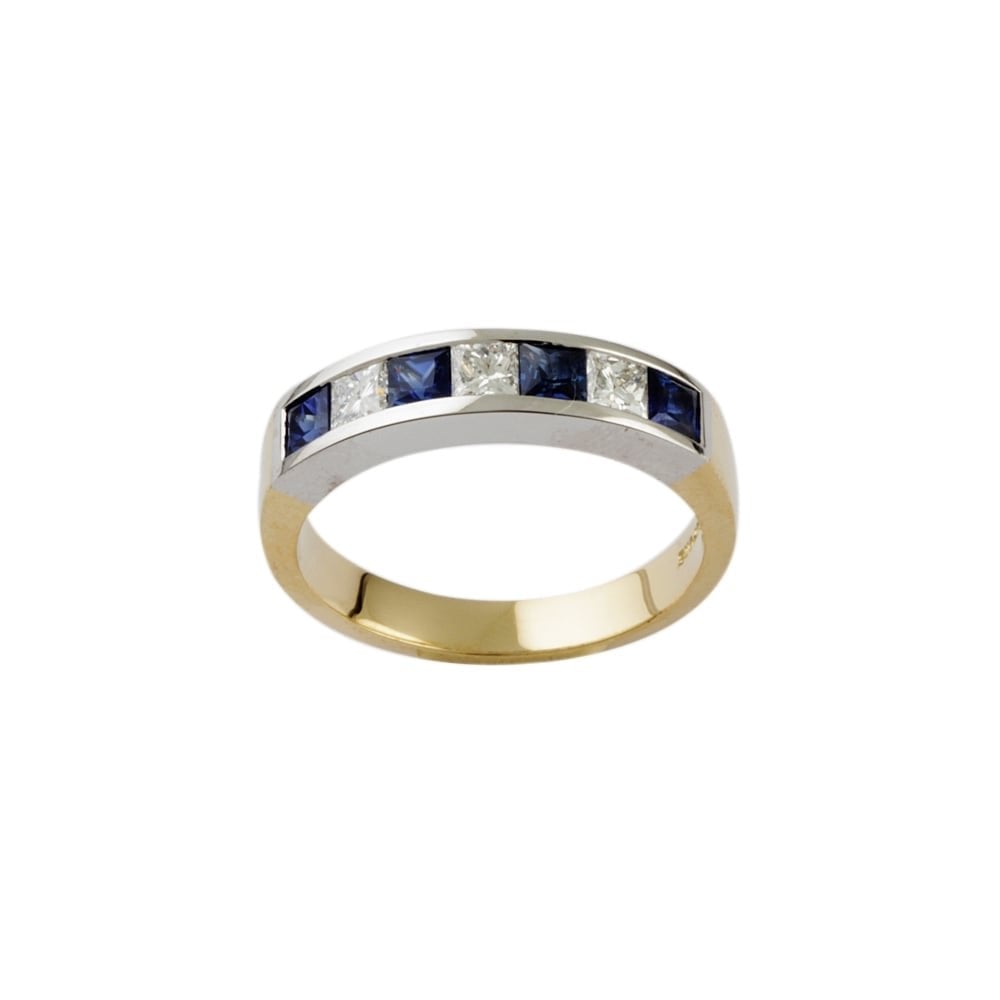 9ct Yellow and White Gold Blue Sapphire 0.68ct and Diamond Half Eternity Ring 0.50ct