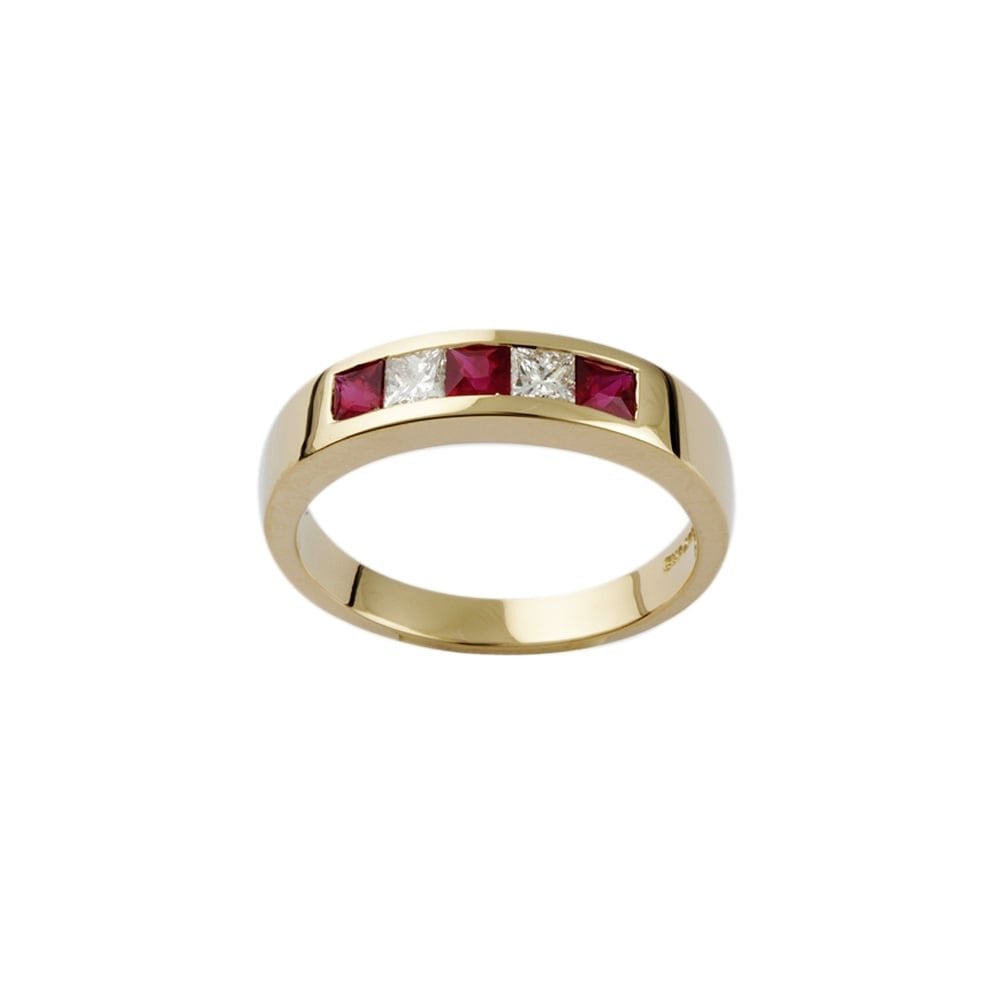 9ct Yellow Gold Ruby 0.51ct and Diamond Five Stone Ring 0.28ct
