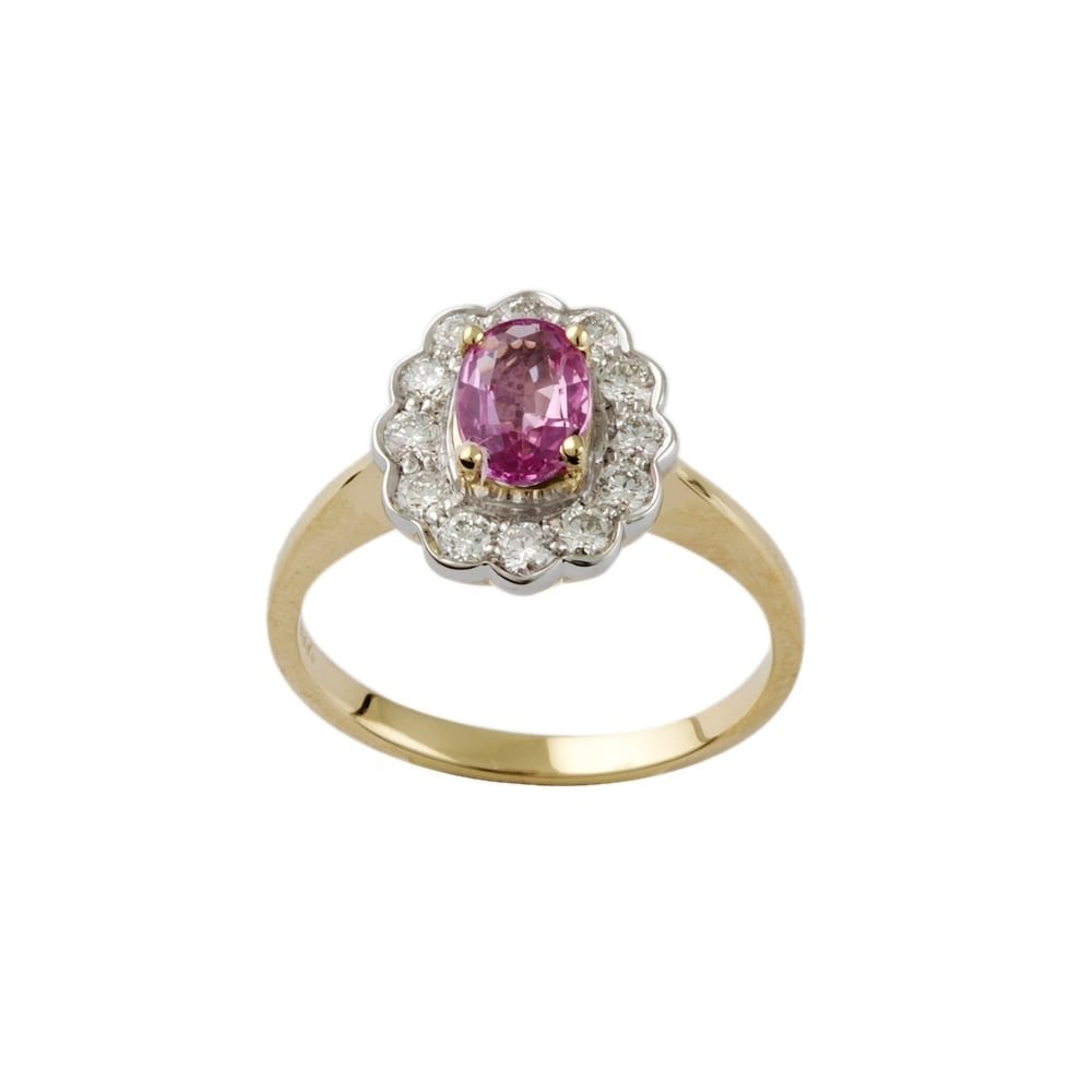 9ct Yellow and White Gold Pink Sapphire 1.08ct and Diamond Cluster Ring 0.45ct