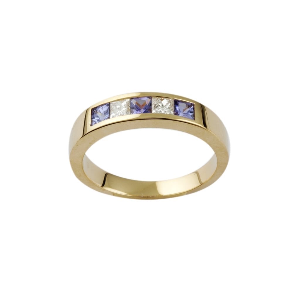 9ct Yellow Gold Tanzanite 0.41ct and Diamond Five Stone Ring 0.29ct