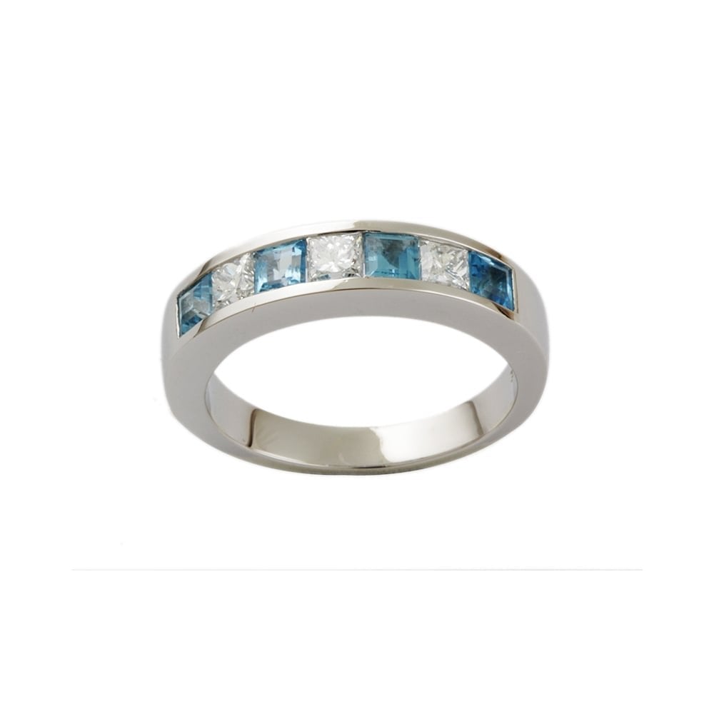 9ct White Gold Blue Topaz 0.87ct and Diamond 0.76ct Seven Stone Ring