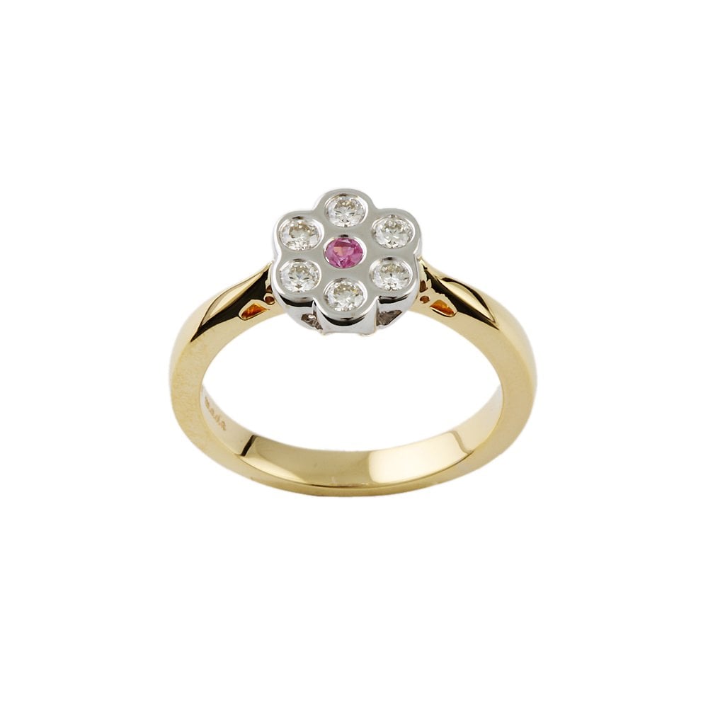Yellow and White Gold 0.22ct Round Diamond and 0.04ct Pink Sapphire Cluster Ring